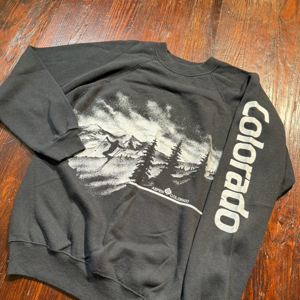 Vintage 90s Aspen Colorado Sweatshirt Men L Black Ski Mountain USA Double Sided